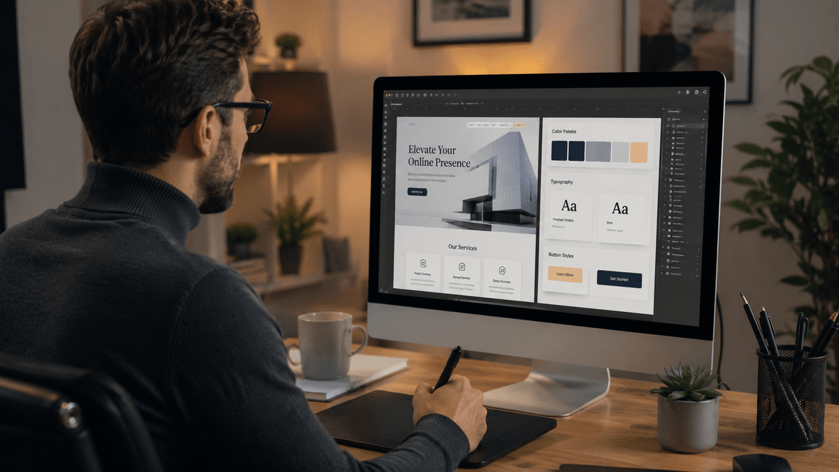 A professional graphic designer working on website UI redesign, color palettes, modern minimalist interface on screen, cozy workspace