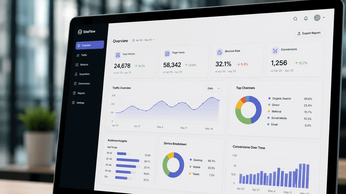 Close up of a computer screen showing website analytics data and charts, professional environment, focused on growth metrics