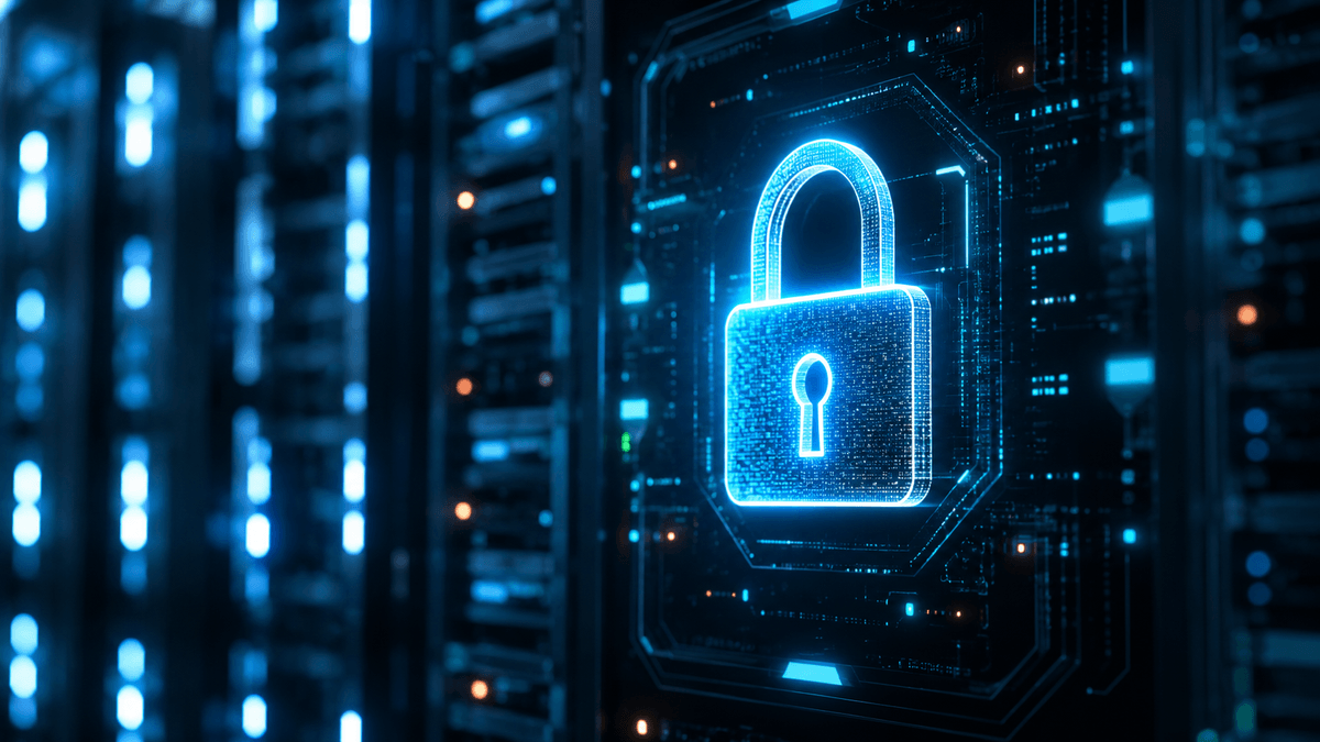Abstract representation of digital security, locks and shields interconnected with digital lines, dark blue and gold color scheme