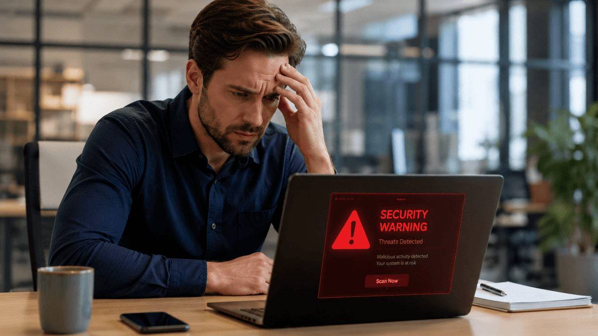 A frustrated user looking at a laptop screen with a large red security warning, professional office environment, soft lighting