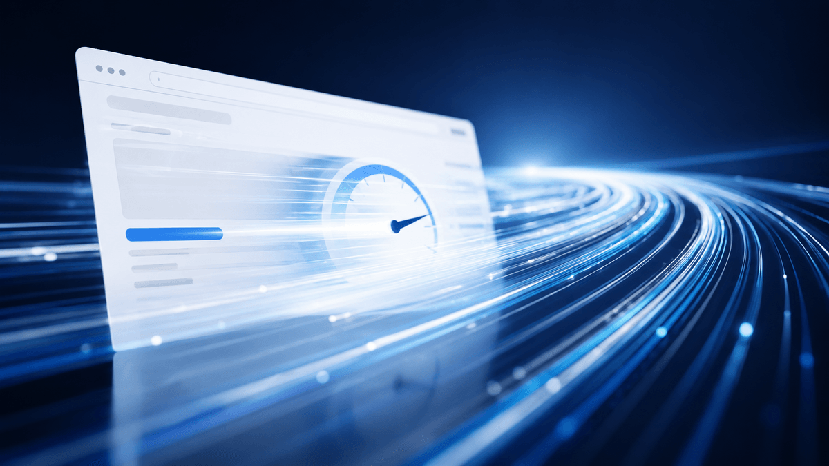 Abstract representation of website loading speed, digital fiber optics, light trails, futuristic tech aesthetic, high speed concept