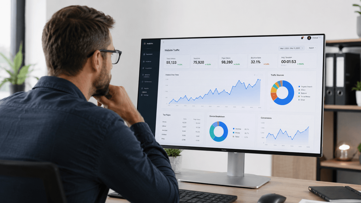 A professional business owner analyzing website traffic data on a large monitor, focus on charts and growth metrics, modern office environment