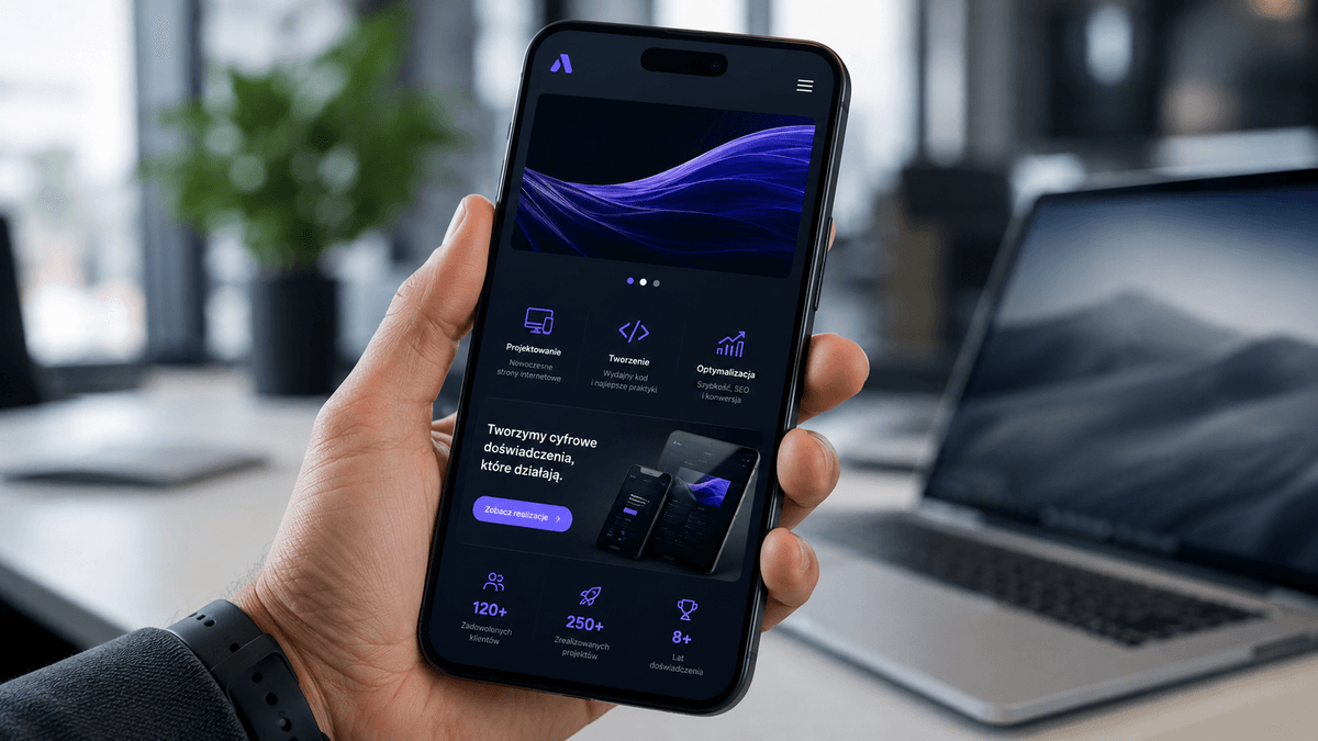 A modern, sleek web design interface on a smartphone screen held in a hand, blurred office background