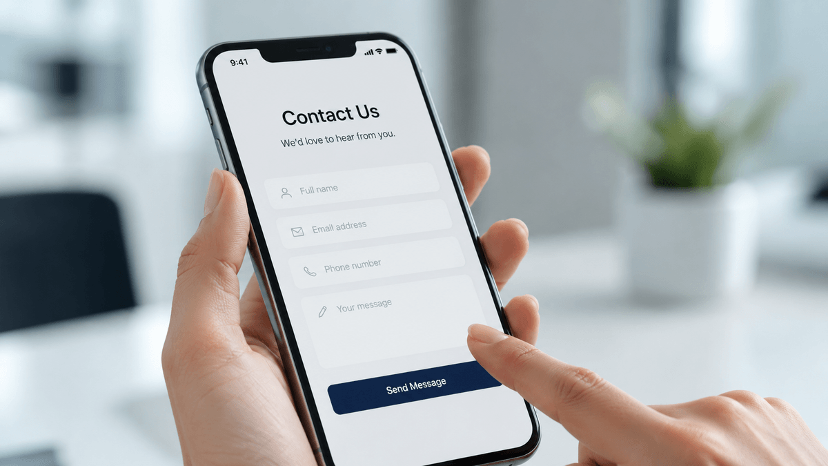 Close up of a clean, minimalist contact form on a smartphone screen, professional UI design, soft lighting, blurred office background
