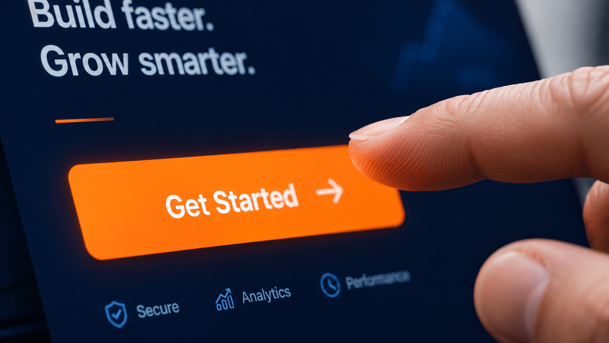Close-up of a person clicking a vibrant orange call-to-action button on a dark navy blue background, high contrast, professional web design context, minimalist style