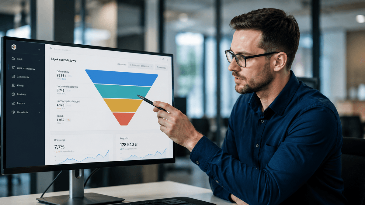 A professional data analyst pointing at a computer screen showing a funnel chart, modern office environment, blurred background, professional atmosphere