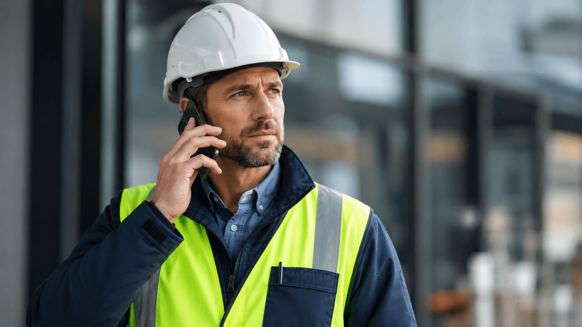 A modern, clean construction company website interface displayed on a tablet held by a contractor in workwear, construction site environment, natural lighting