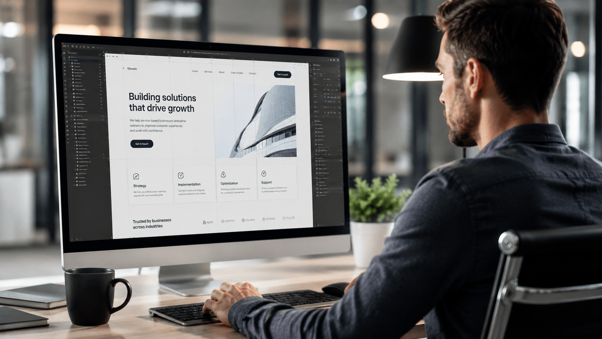 A professional web designer working on a UX layout for a service-based business website, focus on clean typography and grid systems, high-end office environment, shallow depth of field.