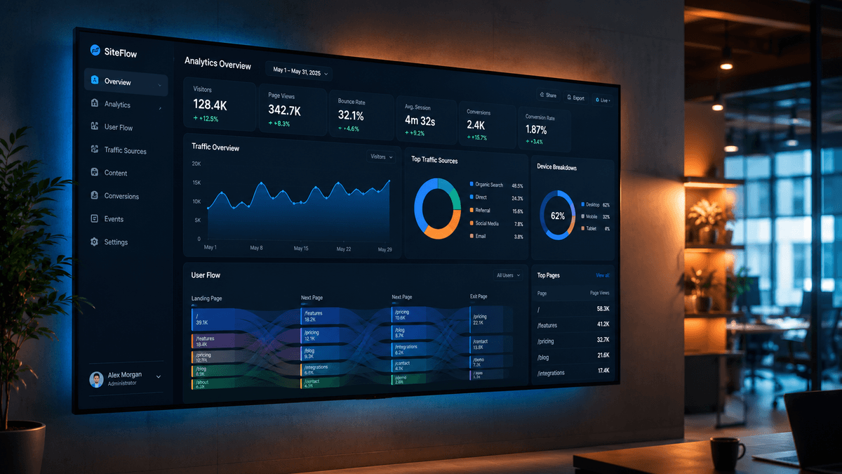 A professional dashboard showing website analytics and user flow diagrams on a large wall screen, modern office background, soft blue and orange lighting
