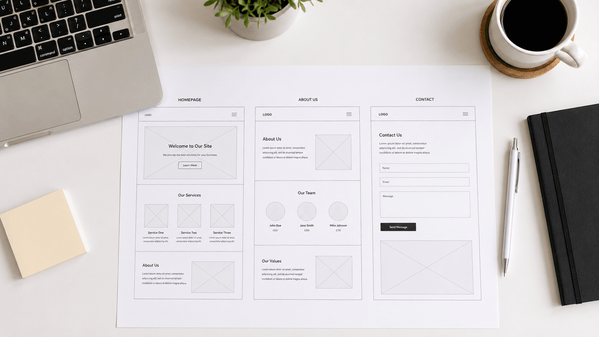 Minimalist web design wireframe on a clean white desk, professional stationery, soft lighting, top view